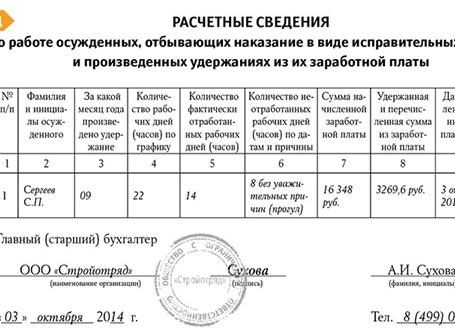 Расчетные сведения о работе осужденных, образец