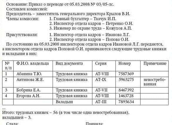 Приказ о передачи трудовых книжек, образец