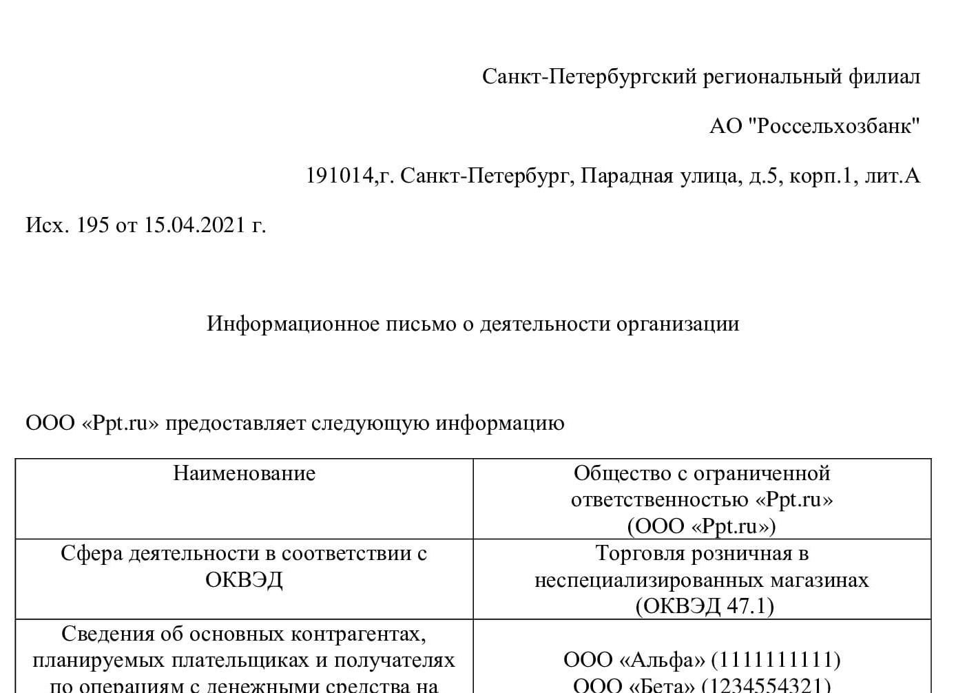 Информационное письмо о компании образец для банка