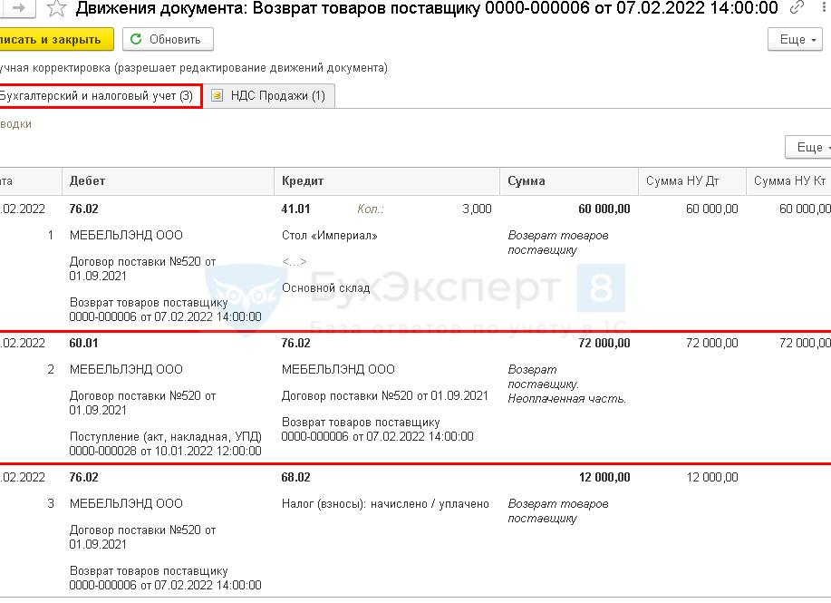 Возврат товара поставщику проводки