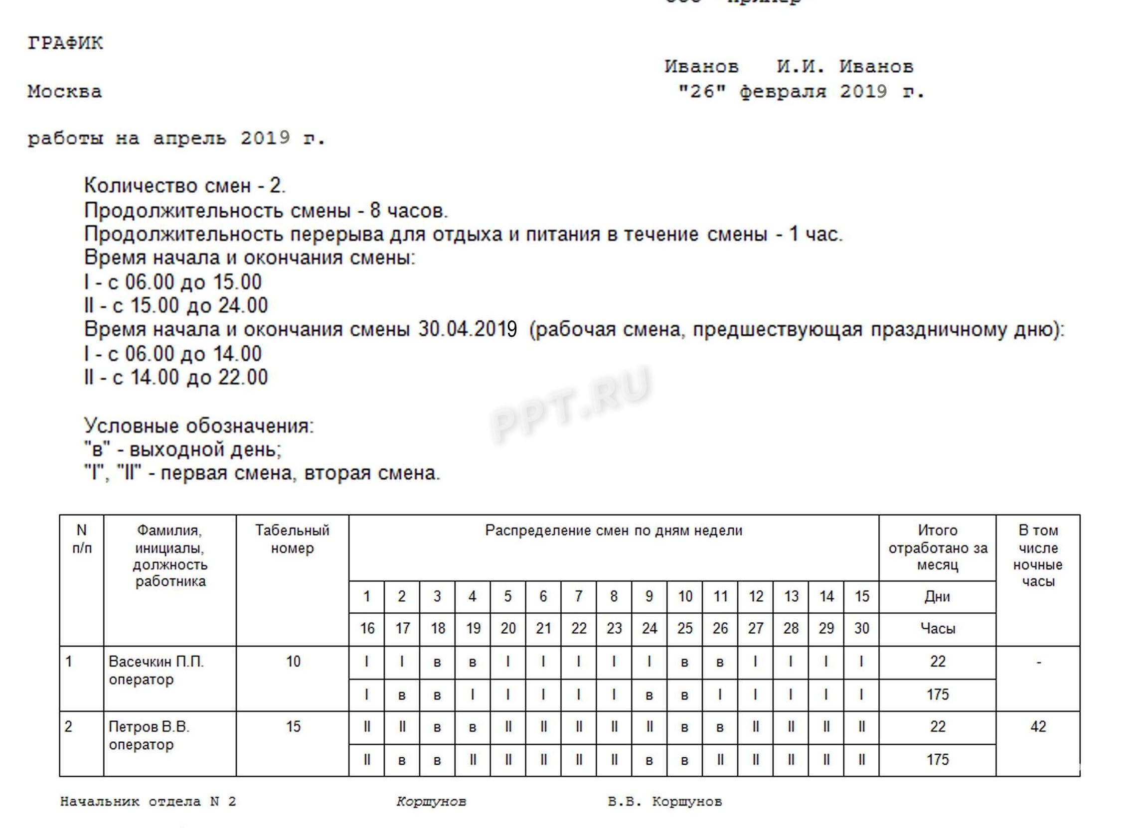 Образец графика сменности