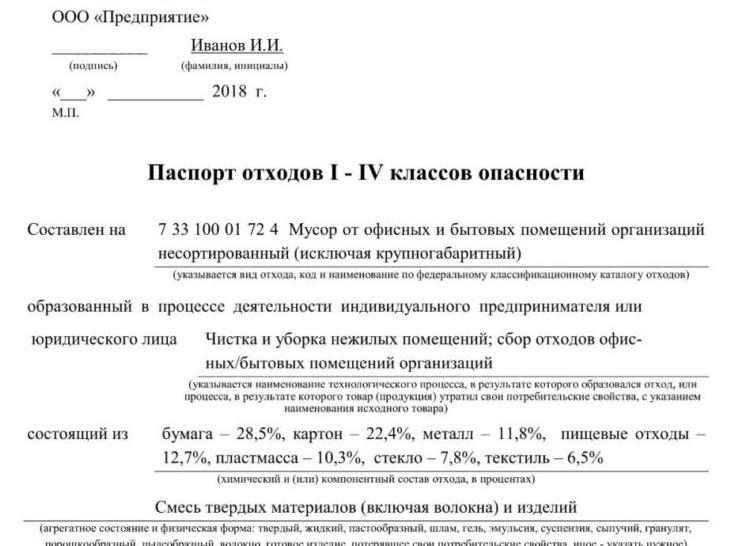 Паспорт на отходы