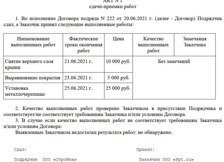 Приемка работ по договору подряда