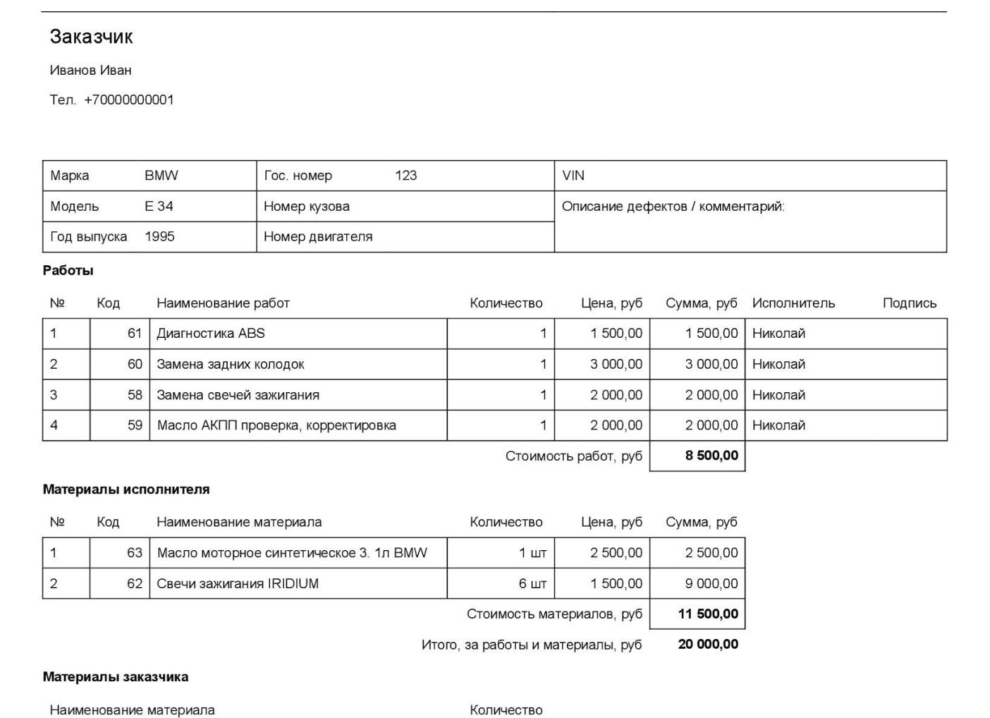 Оформление заказ наряда на ремонт автомобиля