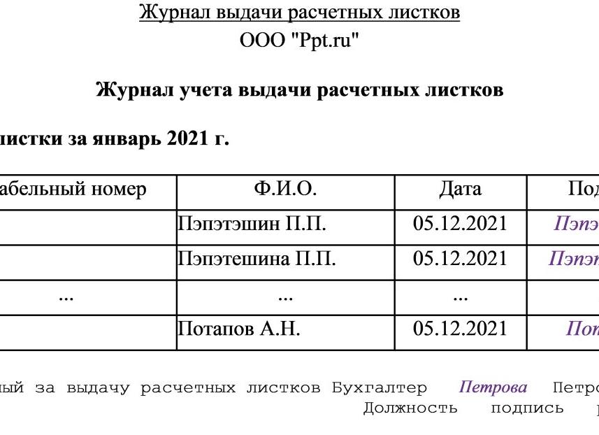 Журнал выдачи расчетных листков