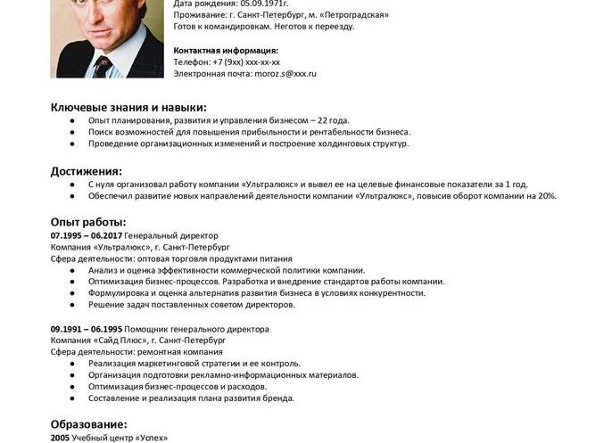 Образец резюме на должность финансового директора