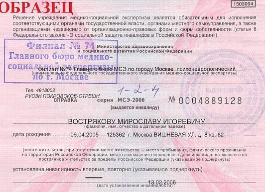 Справка об инвалидности, образец
