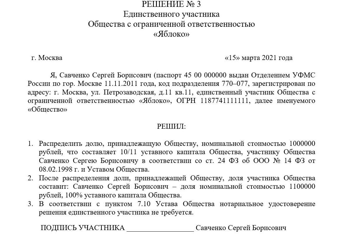 Распределение доли общества единственному участнику