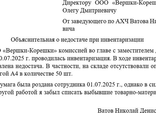 Объяснительная инвентаризации, образец