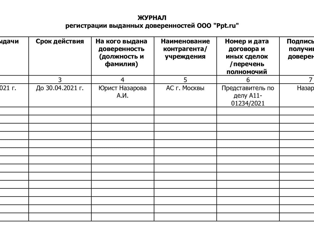 Журнал доверенностей, образец