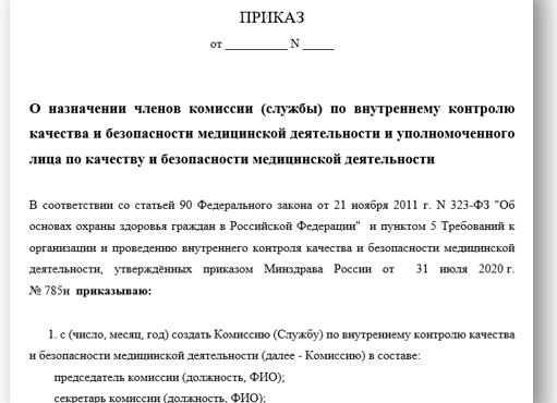Приказ о внутреннем контроле, образец