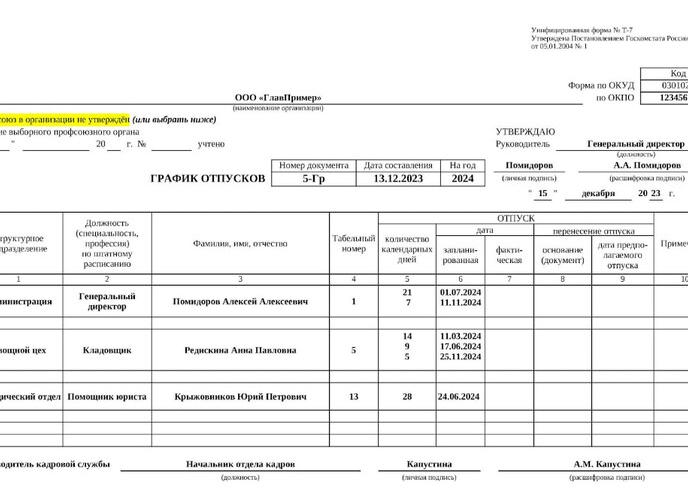 График отпусков как составлять